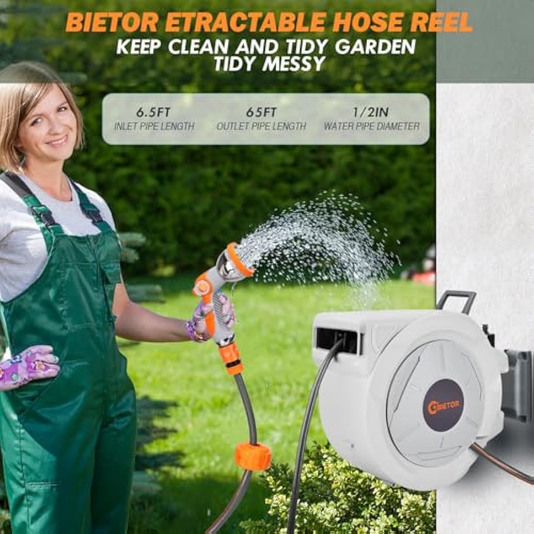Retractable Garden Hose Reel 20m+2m, Wall Mounted Hose Reel,Heavy Duty Hose Pipe Reel with 10 Pattern Hose Nozzle, Auto Lock and Auto Rewind, Lock at Any Length,180°Swivel Bracket