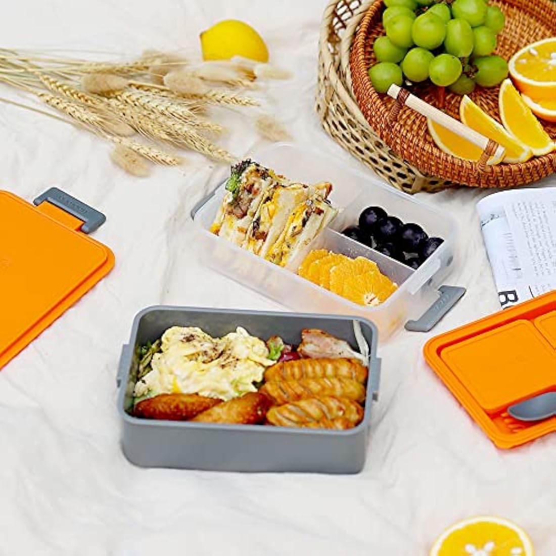 linoroso Bento Lunch Box for Adults with 3 Compartments Lunchbox with Sauce Container and Utensils, Bento Boxes for Microwave and Dishwasher Plastic BPA-Free As Sandwich Snack Salad Box - Lava Orange