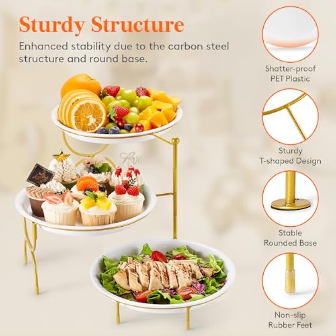 Lifewit 3 Tier Serving Tray, Round Plastic Server Platters, White Reusable Food Trays with Display Stand for Buffets, Cupcake, Snack, Veggie, Fruit, Cookies, Dessert, Dishes, Party Supplies