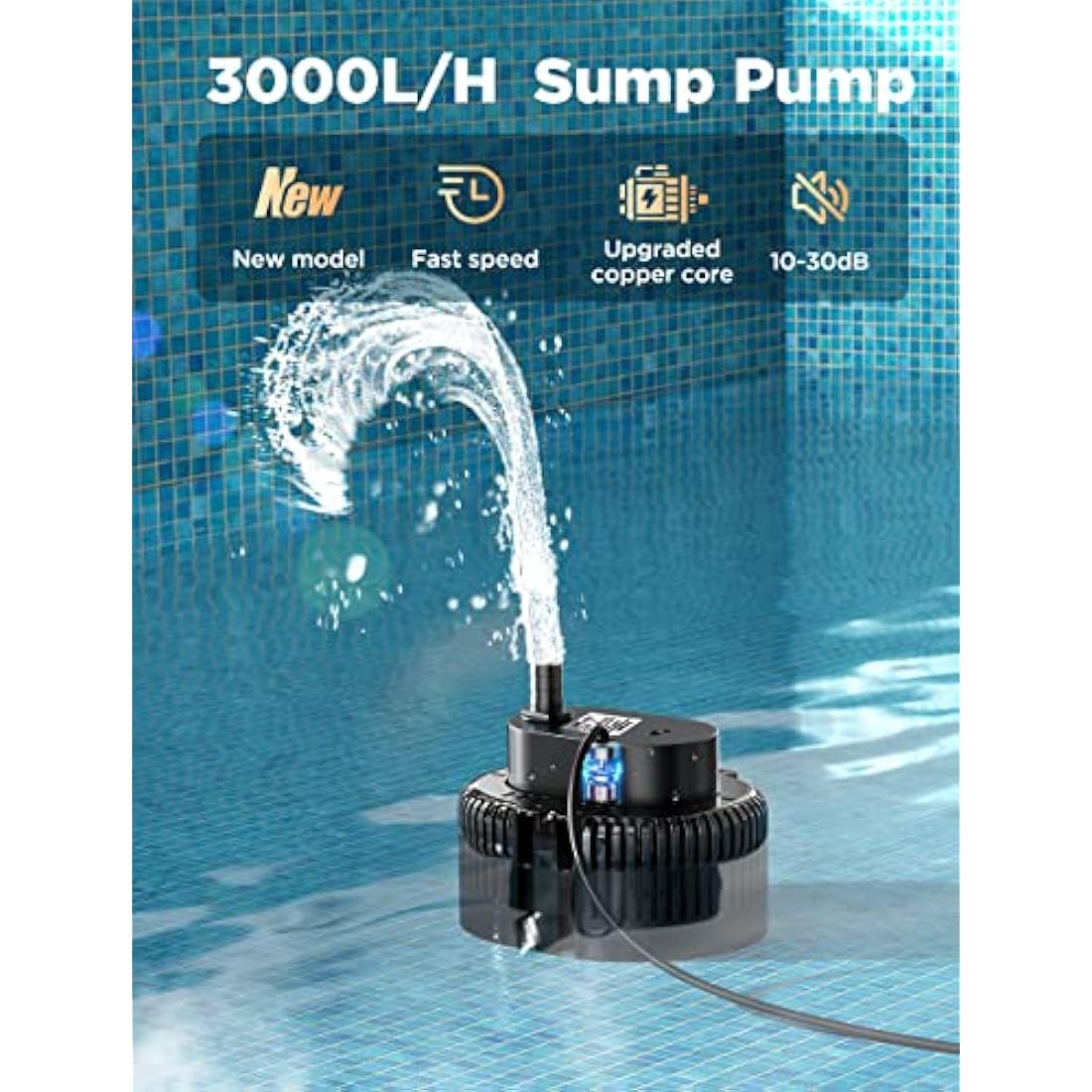 Lnicez 𝟯𝟬𝟬𝟬𝐋／𝐇 Submersible Water Pump, Powerful Portable Water Pump(75W) with 5m Drainage Hose & 7.5m Upgraded Power Cord for Swimming Pools, Fish Tank, Pond,3 Nozzles