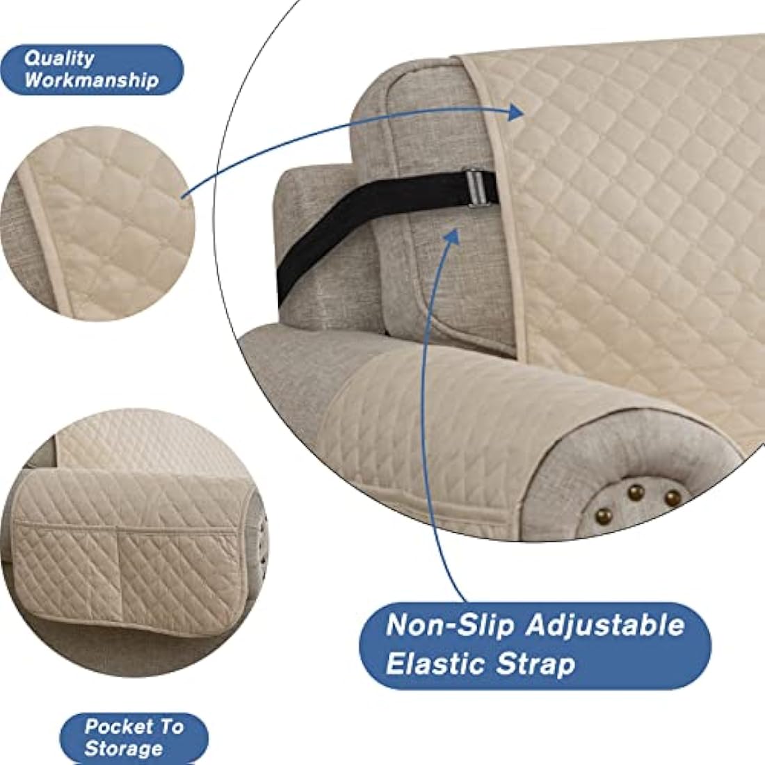 XINEAG Quilted Sofa Covers 2 Seater, Water Resistant Loveseat Covers Sofa Slipcovers with Pockets, Non Slip Sofa Cover for Dogs Pets, Washable Furniture Protector with Elastic Strap (Loveseat, Beige)
