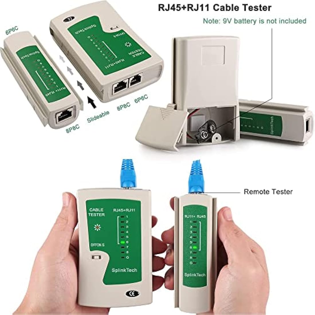 CHZHLM RJ45 Crimping Tool Kit Pass Through Crimper Stripper Cutter All-in-One for Cat5 Cat6 Pass Through Connector with Cable Tester 50Pcs Connectors 50Pcs Covers Mini Stripper