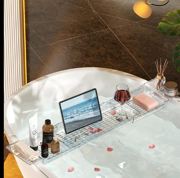 Truserv Acrylic Bathtub Caddy Retractable Tray for Bathroom Luxury Spa, Expandable Size Bath Tub Organizer with Anti-Slip Mat, Fits Most Bath Tubs.
