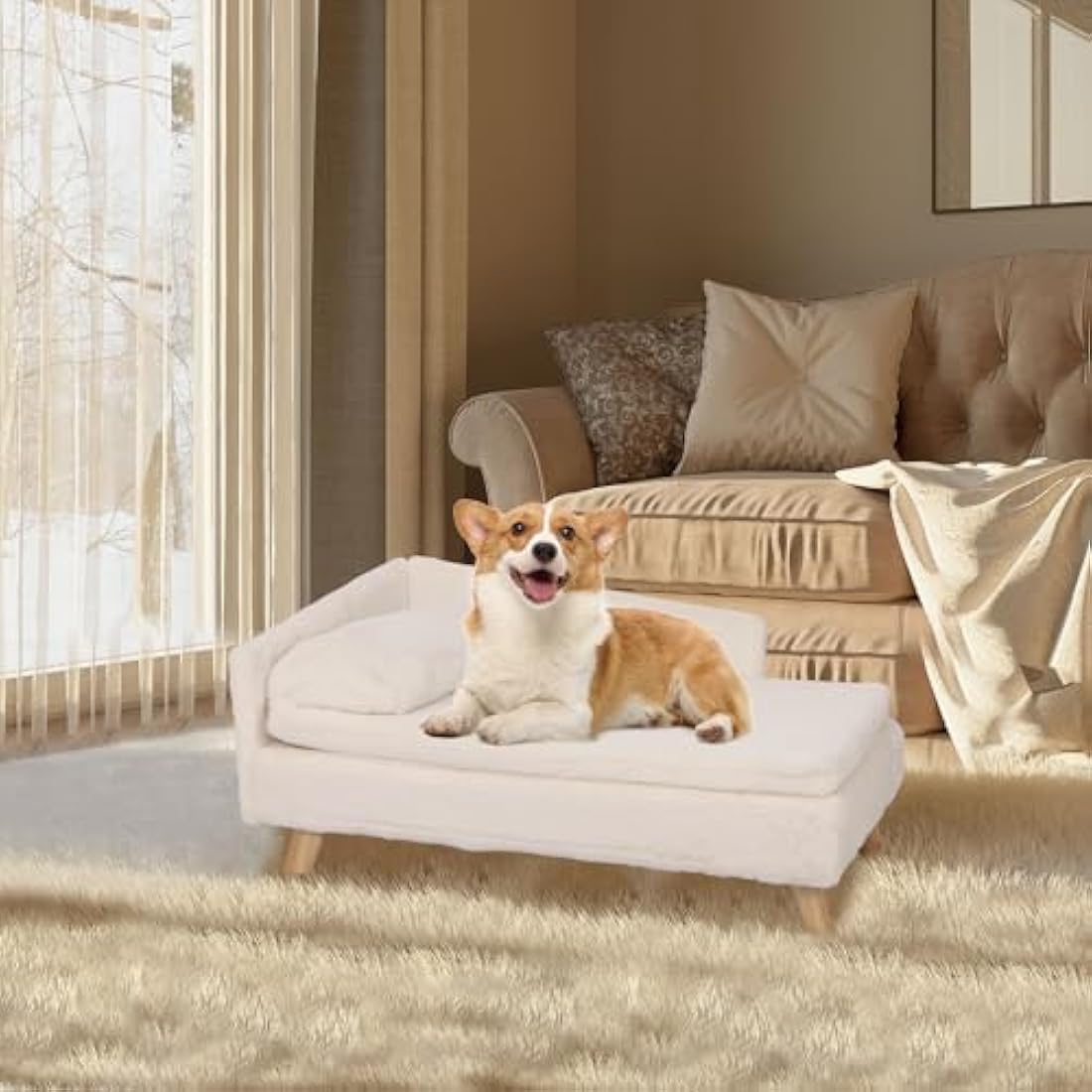 BingoPaw Elevated Dog Sofa Bed: L Shaped Raised Dog Lounger Couch with Durable Wooden Legs - Nordic Plush Fur Pet Chair Bed with Soft Removable Cushion Mat and Pillow L(80x50cm)