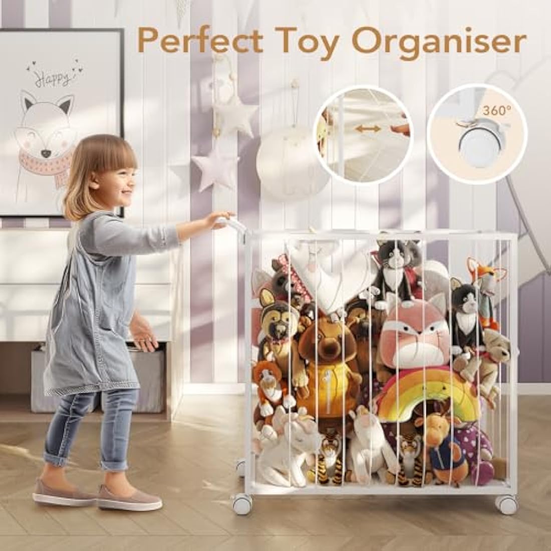 BBLIKE Stuffed Animal Storage - Zoo Soft Toy Storage Organizer for Teddy, Save Space Plush Toys Chest with Wheels, Large Capacity Stuffed Animal Holder for Kids Room, Playroom, Nursery（White）