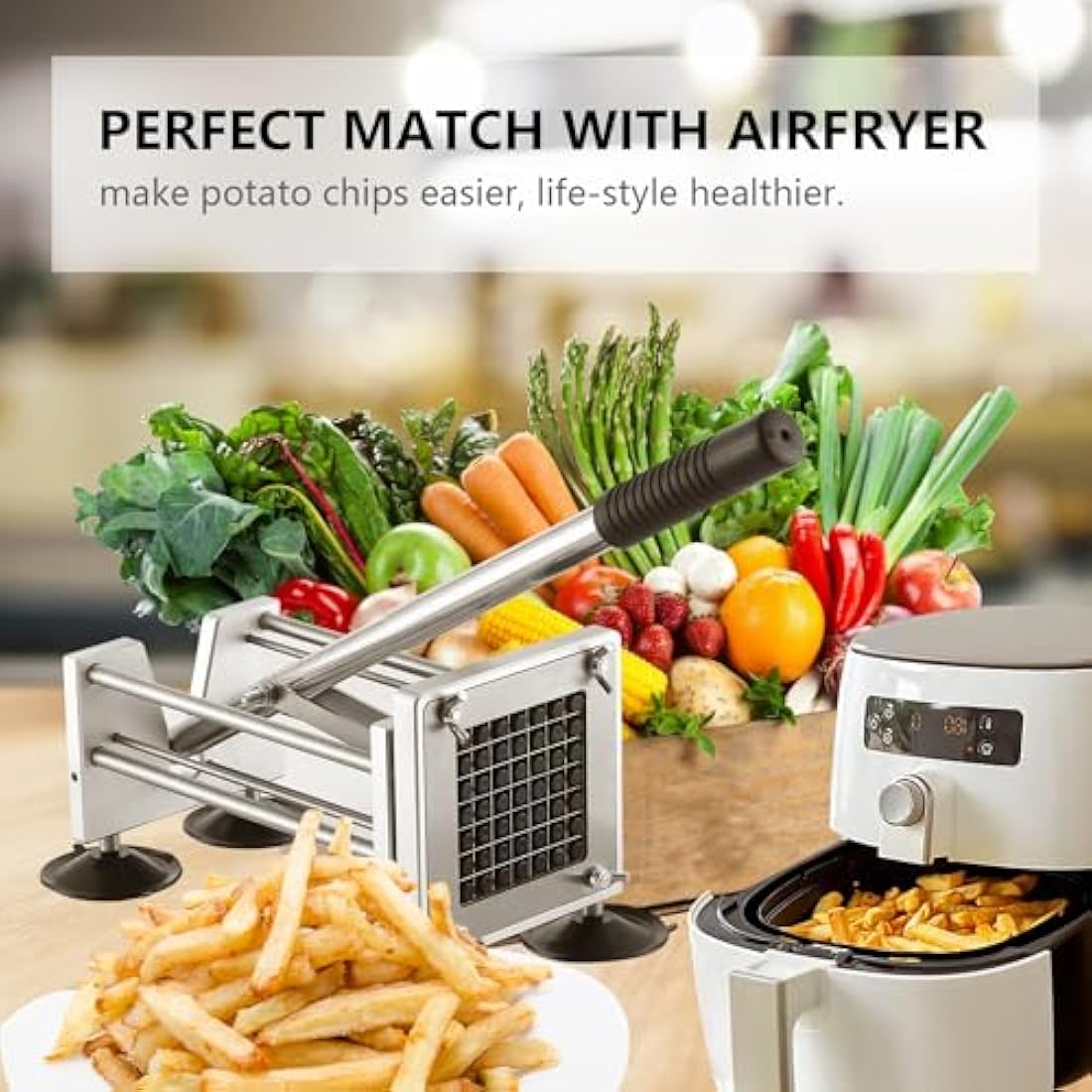 Potato Chipper Cutter, French Fry Cutter Stainless Steel Potato Chip Cutter Includes 3/8",1/2" Blades with 4 Suction Feet for Potato Carrot Cucumbers Vegatable