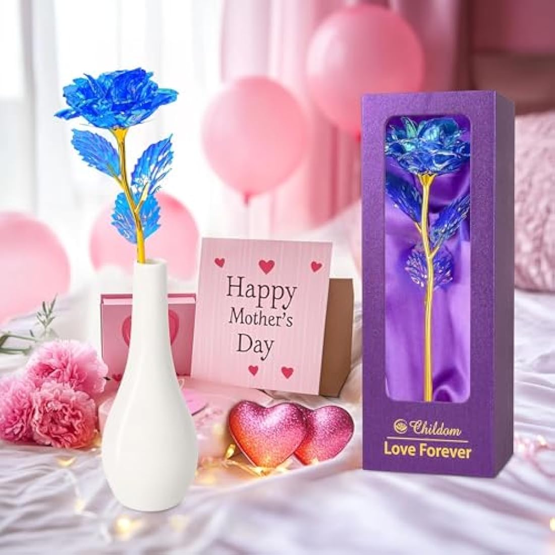 Childom Birthday Gifts for Women,Christmas Rose Gifts For Women Her Mum,Blue Rose Flower With Vase,Valentines Present,Purple Flowers for Grandma Wife Girl Anniversary Christmas Wedding Engagement