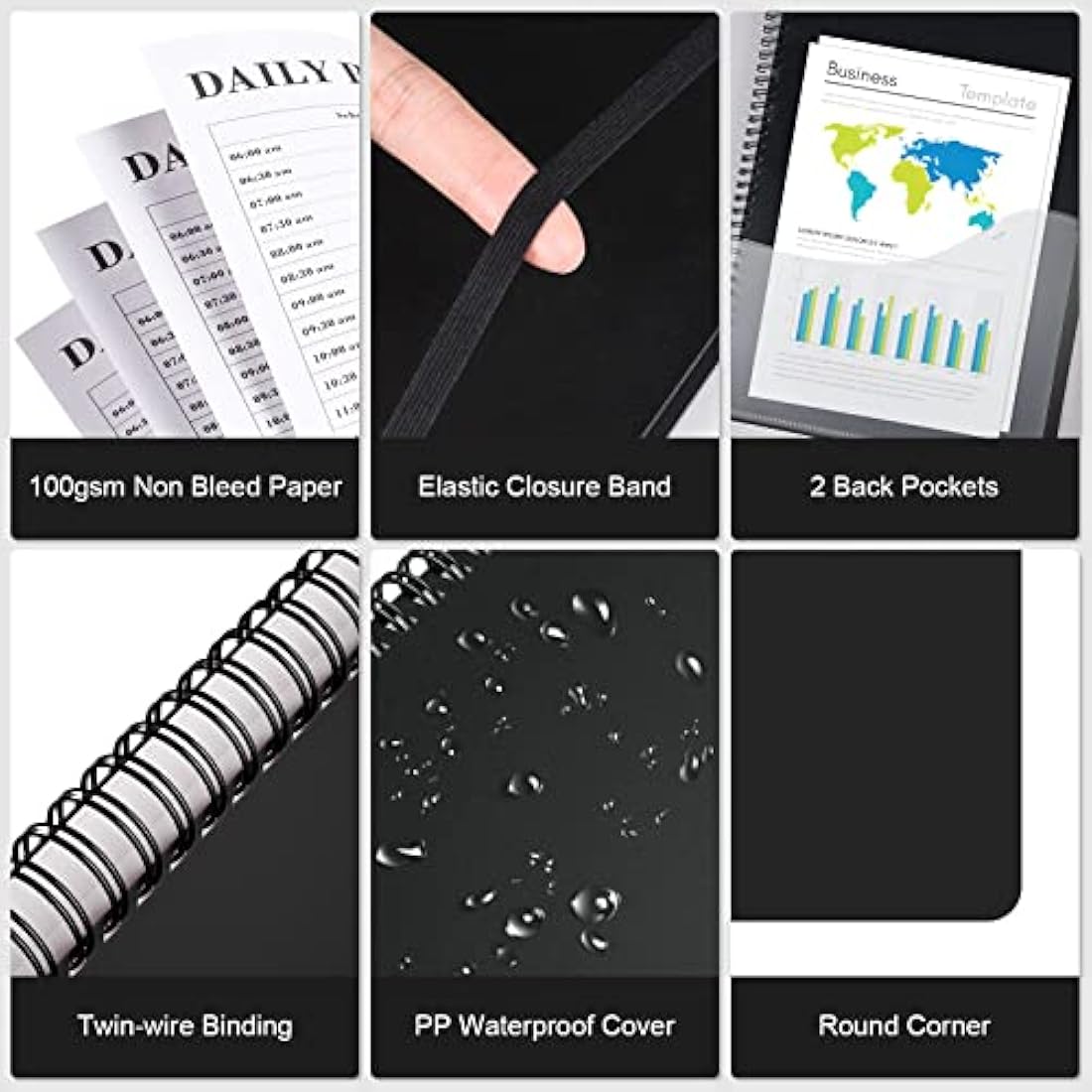 Planner Undated, Asten Daily Planner Agenda with To Do List, Hourly Schedules for Women and Men, Spiral Appointment Book with Elastic Closure, Inner Pocket 21.6 x 28cm (Black)