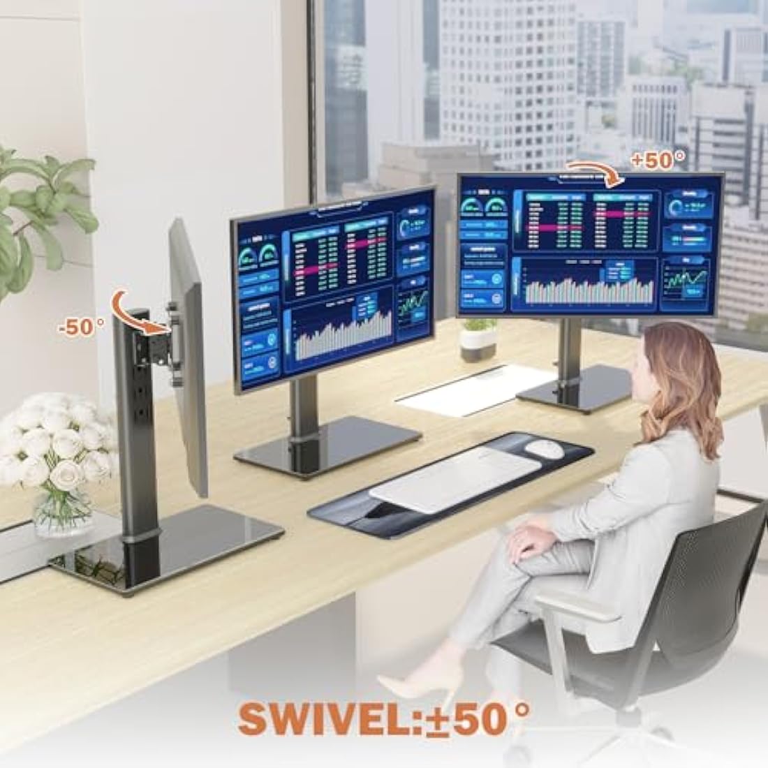 2 Pack Single LCD Computer Monitor Free-Standing Desk Stand Riser for 13 inch to 32 inch Screen with Swivel, Height Adjustable, Rotation, Holds One (1) Screen up to 35kgs
