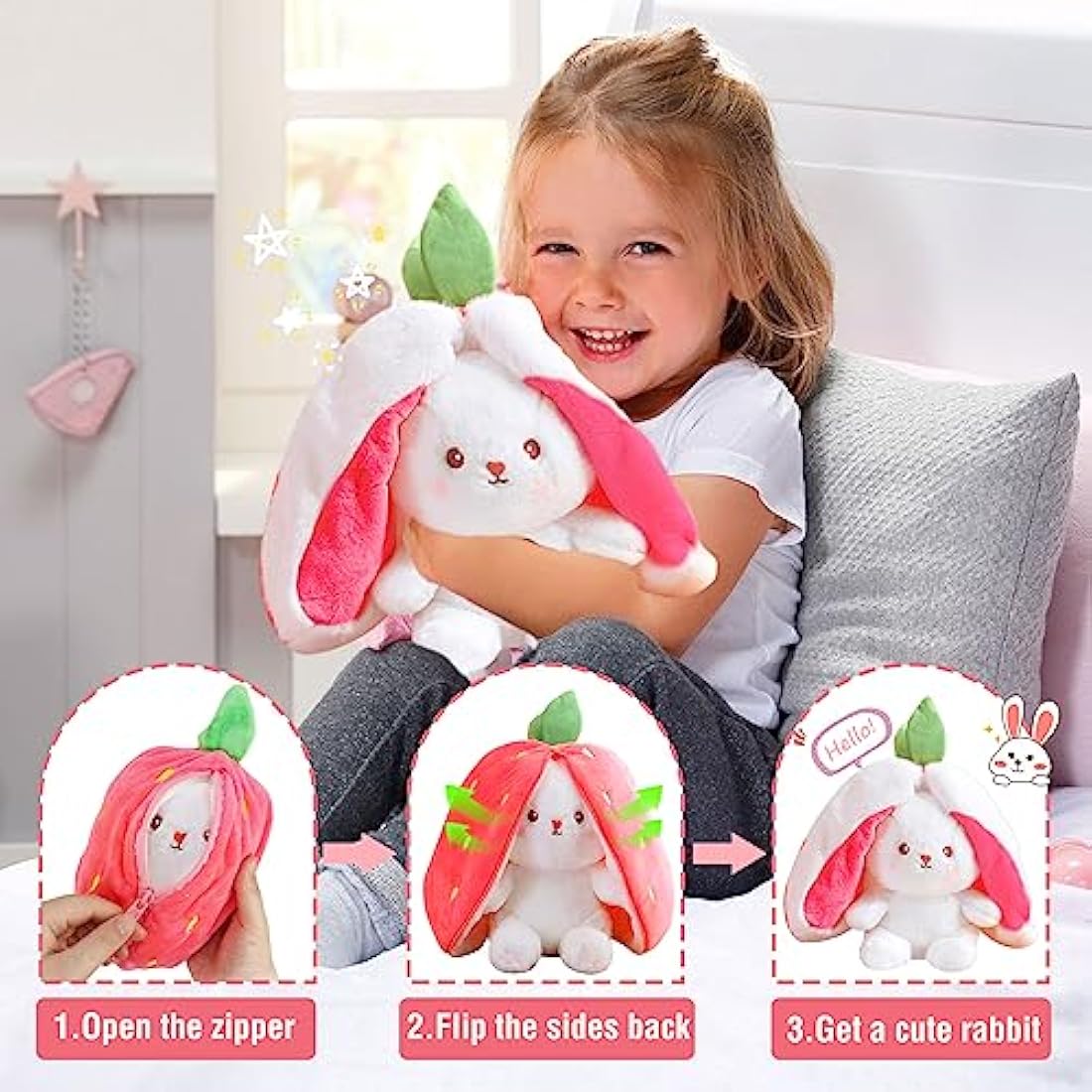 TOGETDREAM Easter Plush Bunny Toy, Soft Plush Toy 25cm Carrot Strawberry Plushies Doll, Cute Cuddly Stuffed Animals Hide And Seek Rabbit Muppet Toys Birthday Gifts for 12+ Years Old Kids (pink)