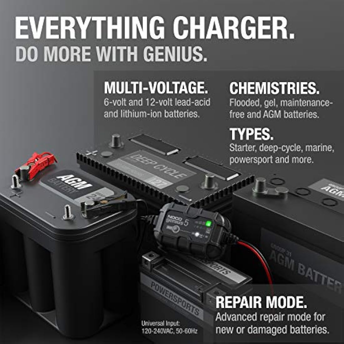 NOCO GENIUS5: 5A 6V/12V Smart Battery Charger – Automatic Maintainer, Trickle Charger & Desulfator with Overcharge Protection & Temperature Compensation – For Lead-Acid & Lithium Batteries