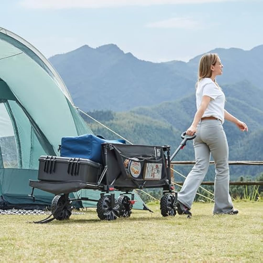 TIMBER RIDGE Festival Trolley 300L with Brakes, Folding Beach Trolley Cart with Tailgate, 135kg Collapsible Wagon Detachable Wide Wheels & Adjustable Handle for Outdoor Camping Garden, Grey