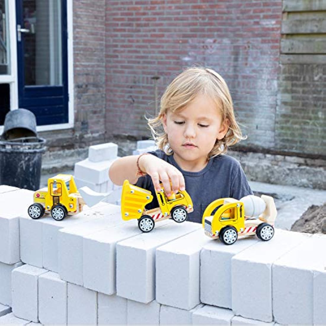 New Classic Toys 11948 Wooden Construction Vehicles Set for Toddlers First Cars for One Year Old, Yellow