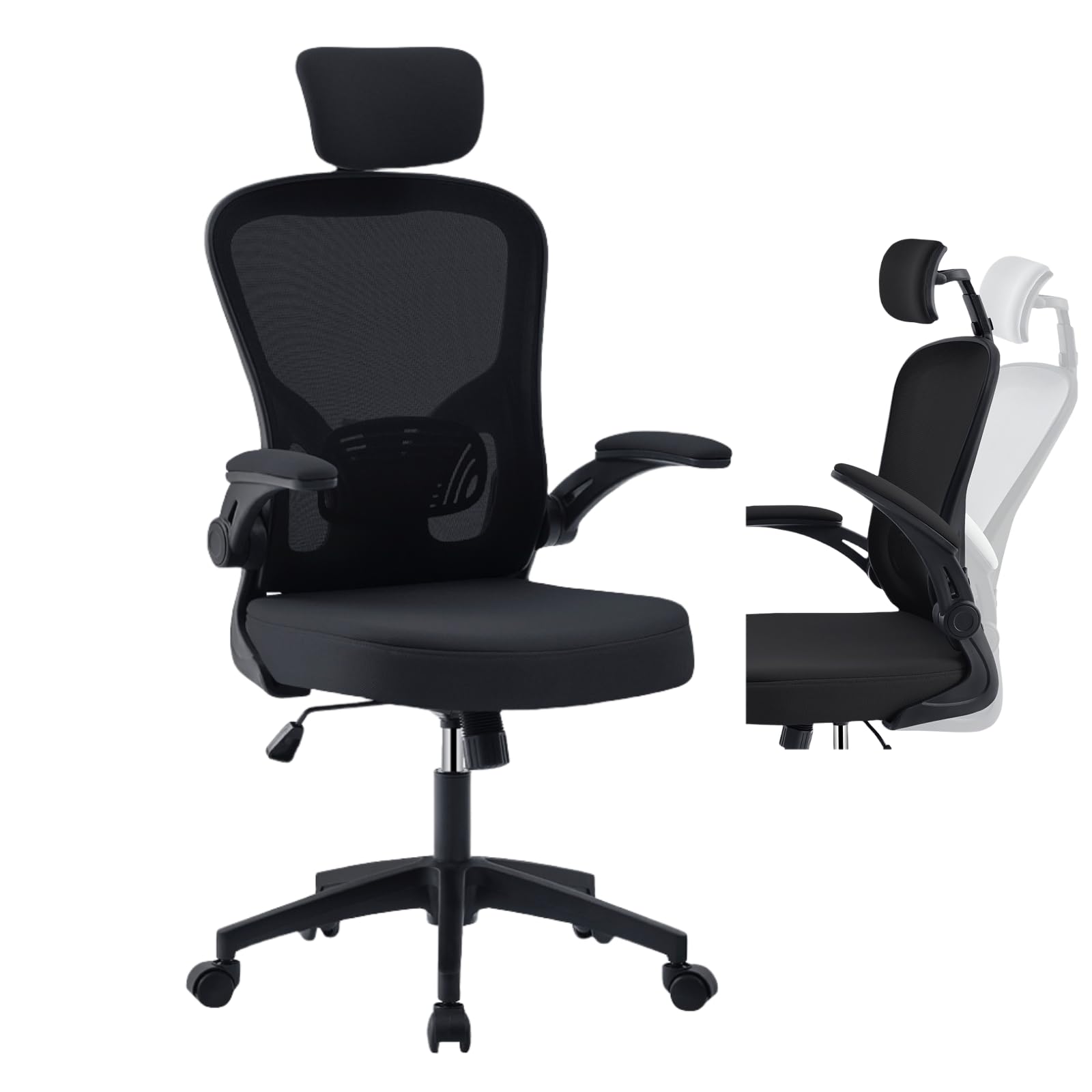 OWAY HOMELIVING Ergonomic Office Chair with Adjustable Lumbar Support & High-Back Mesh Desk Chair 150kg Weight Capacity & 125 Recline & Flip-Up