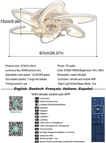 Bossen Ceiling Fan with Light, Φ67cm, 70W Quiet Modern Led Ceiling Light Fan Light with Remote Control and APP Dimmable 6 Lights for Living Room Bedroom Dining Room Ceiling Fans with Lamps (Black)