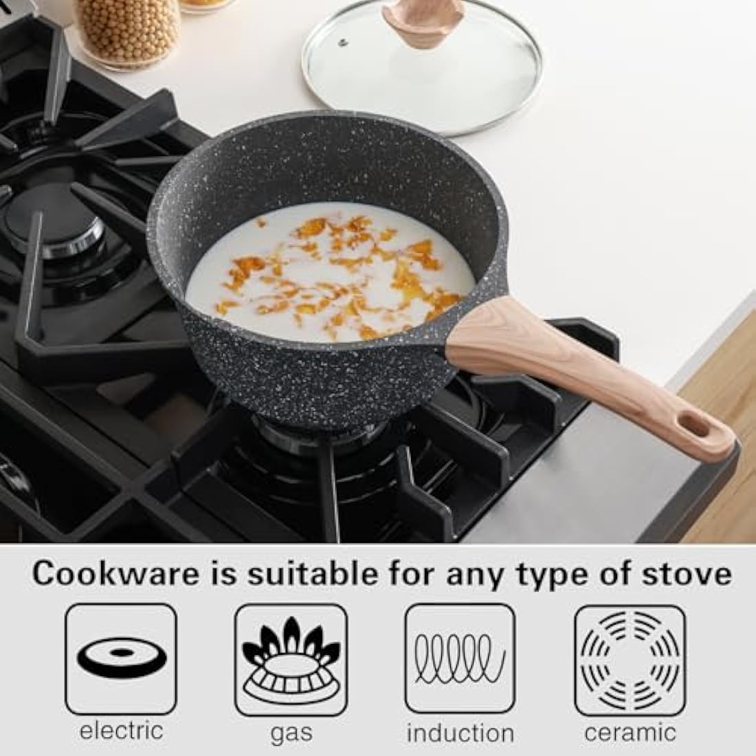 Kordisen 20cm /2.4L Sauce Pan with Lid, Non Stick Small Pot with Granite Coating, Saucepan with Pour Spout, Multipurpose Handy Induction Pot, Cooking Pot, PFOA/PFOS Free