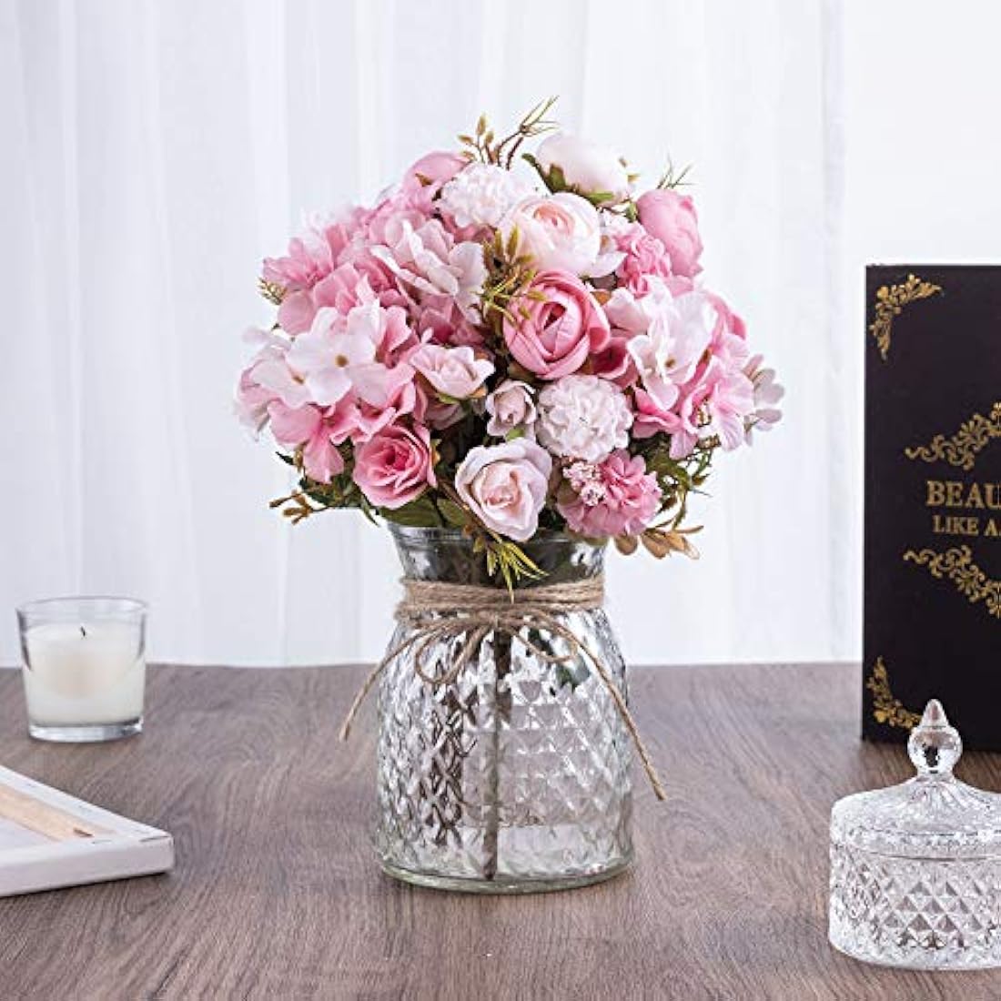 KELINGO Artificial LED Pink Rose Flowers with Glass Vase, Flower Arrangement for Table Centerpiece, Home Office Wedding Decoration