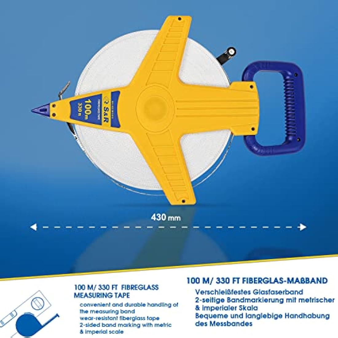 S&R Surveyors Tape Measure – 100m / 330ft Fiberglass Measuring Tape | Double-Sided Metric & Imperial Markings | Durable ABS Reel with Crank