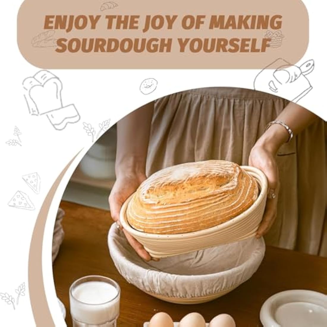 Banneton Bread Proofing Basket Set, 9 Inch Round & 10 Inch Oval Sourdough Proving Basket, 100% Natural Rattan, Sourdough Bread Making Kit with Cloth Liner, Bread Lame, Dough Whisk, Scrapers & Brush