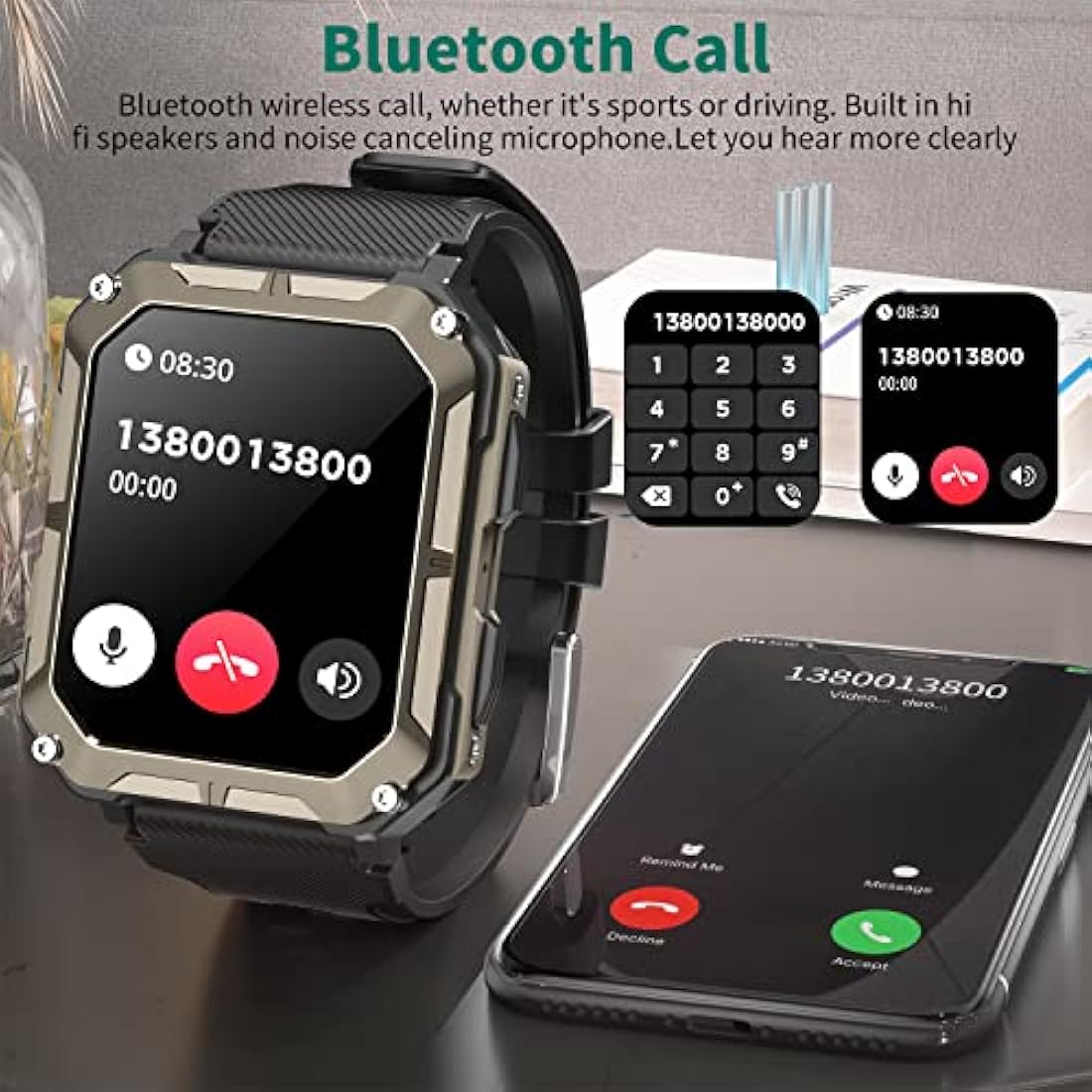Smart watch military for men with call dials that can make calls and answer calls compatible for iOS Android, Fitness Activity tracker with IP68 Waterproof Ai voice, with 123 Sports Modes