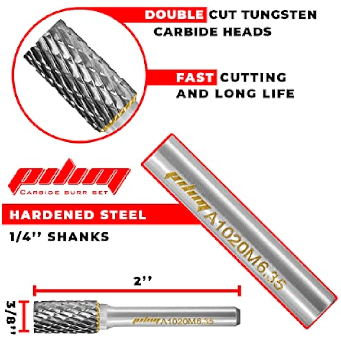 Tungsten Carbide Burr Set 1/4" Shank 10PC Double Cut Rotary Cutting Burrs Die Grinder Bits for Steel and Wood Working, Grinding, Carving, and Engraving