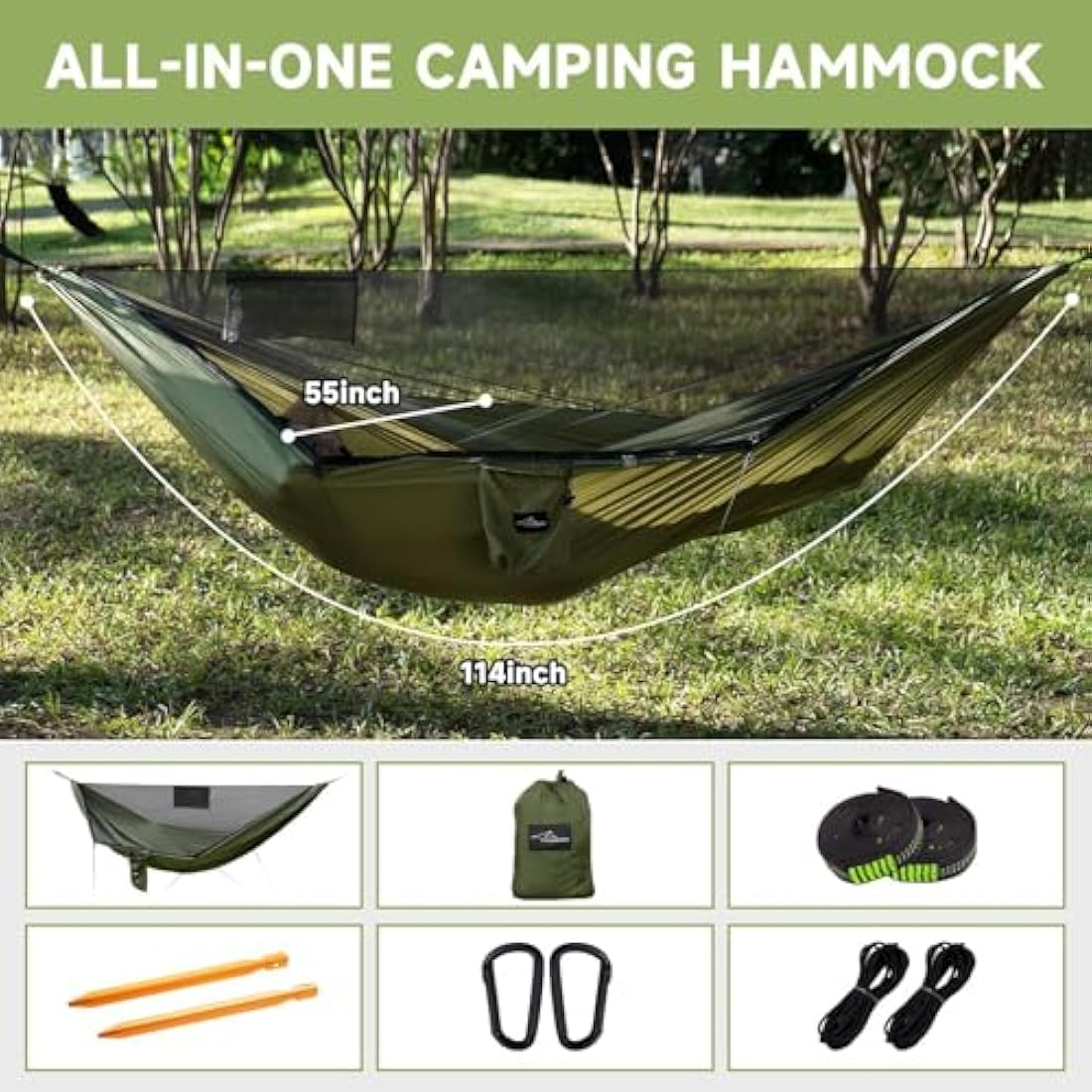 Travel Bird Camping Hammock with Mosquito Net and Ridge Rope, 290 * 140CM Large Space, Portable Lightweight Hanging Hammocks with Tree Straps for Outside, Hiking, Travel and Backpacking