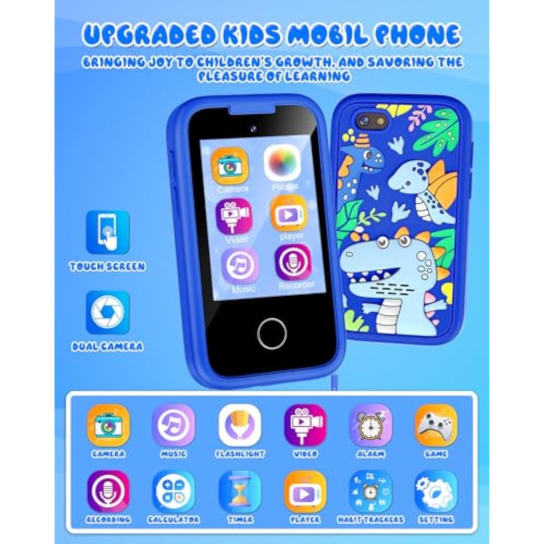 KAKTIN Kids Phone for Boys,Christmas Birthday Dinosaur Gifts for 3 4 5 6 7 8 years old Children,Touchscreen Learning Toys for girls age 3-11 with Dual Camera 8G SD Card (Dinosaur Blue)