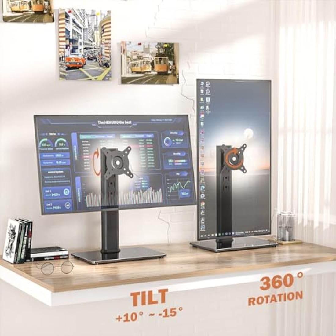 Single LCD Computer Monitor Free-Standing Desk Stand Riser for 13 inch to 32 inch Screen with Swivel, Height Adjustable, Rotation, Holds One (1) Screen up to 35kgs