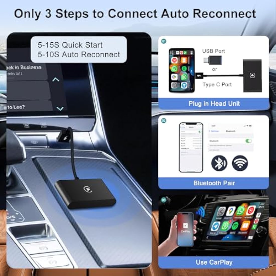 UWECAN CarPlay Wireless Adapter for iPhone, Wireless CarPlay Adapter UK for Factory Wired CarPlay Cars, Converts Wired to Wireless CarPlay, Fit for Cars from 2017-2025 & iPhone iOS 11+