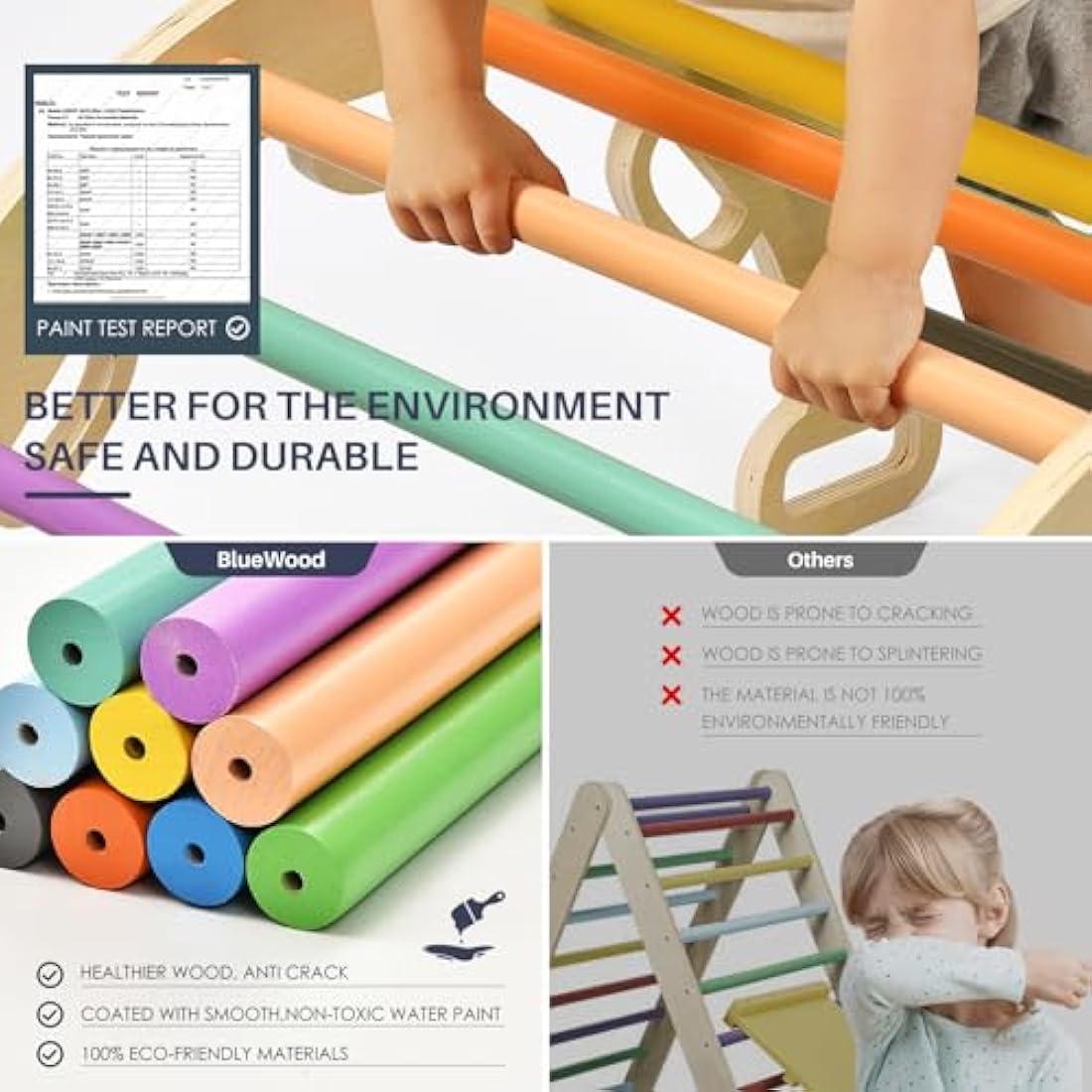 BlueWood Triangle Set, 7-in-1 Foldable Wooden Toddler Climbing Toys Indoor Playground Jungle Gym Montessori Climber for 2-6 Years Old, Baby, Kids (Rainbow)