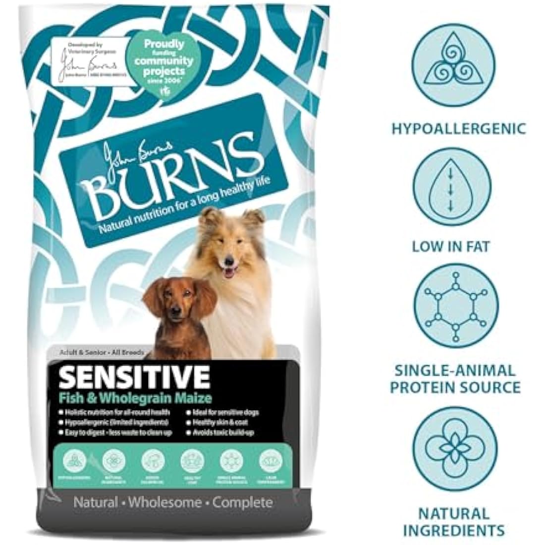 Burns Pet Nutrition Hypoallergenic Complete Dry Dog Food Adult and Senior Dog Sensitive with Fish 6 kg