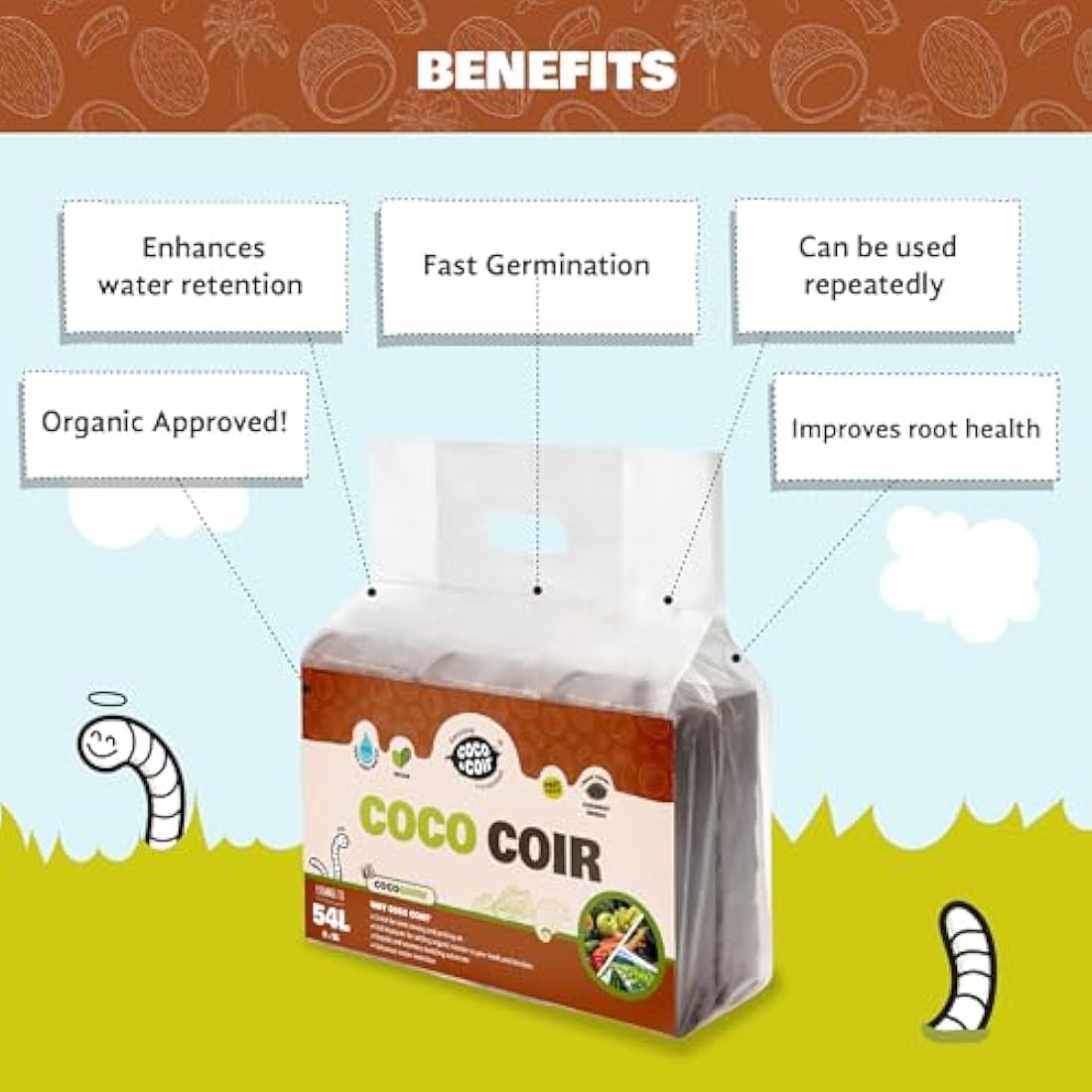 Coco & Coir 6 x 650g Organic Peat Free Compost Coco Soil. Reptile, Turtle Vivarium Substrate - Coco Grow (54L), Brown(Packaging may vary)