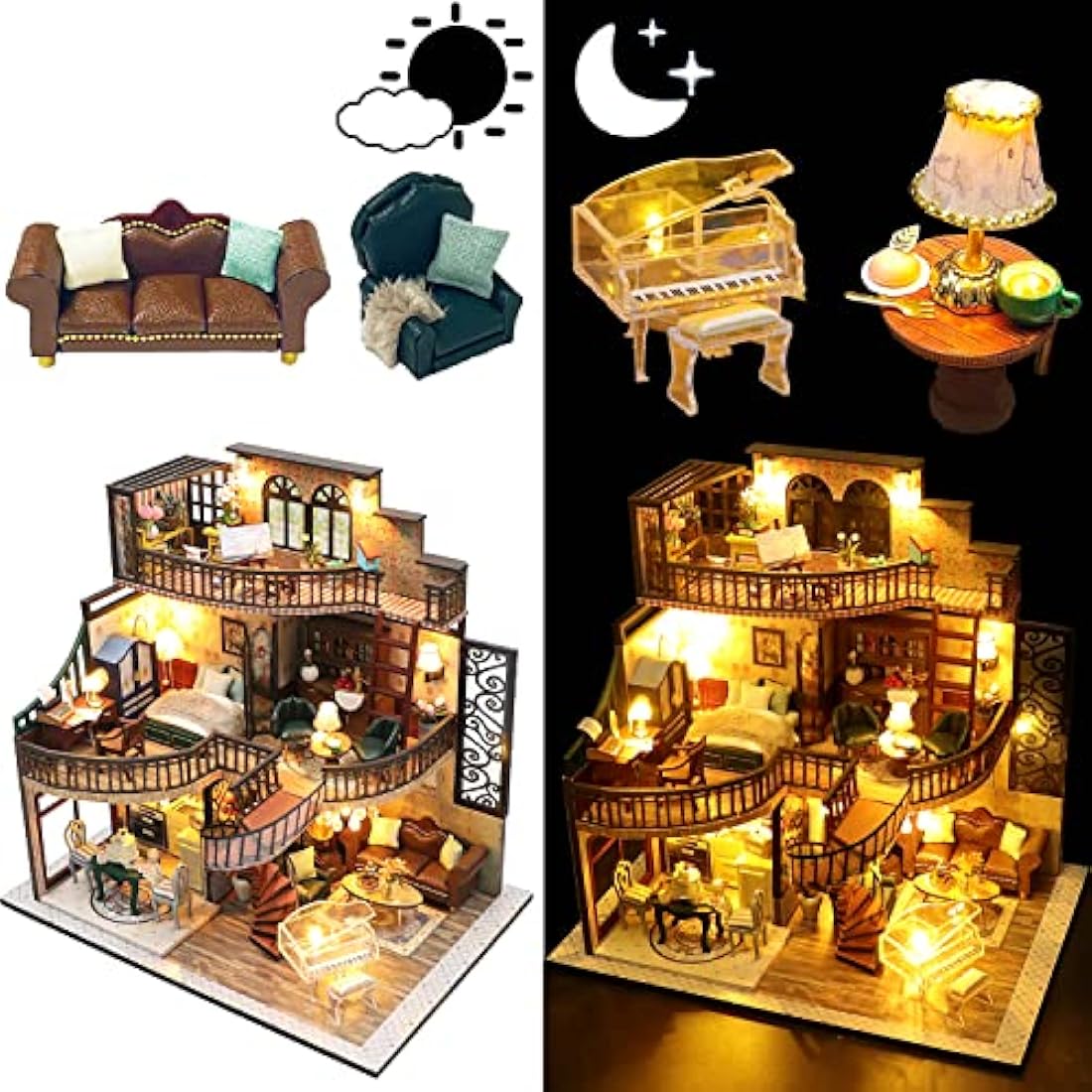 Spilay Diy Miniature House Kit, Wooden Mini Doll house with Furniture and Dust Cover and Music Box, 1:24 Creative Room Idea Gift for for Christmas Valentine's Day - (Dream Building Pavilion) M2132