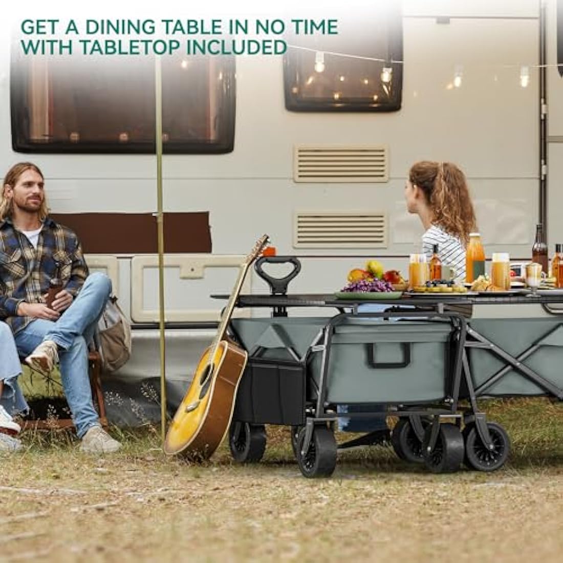 YITAHOME Beach Trolley with Big Universal Wheels, Folding Wagon with table 2 Drink Holders, Large Capacity 220 lbs Adjustable Handle Height, Festival Trolley for Outdoor Garden Picnics (Gray)