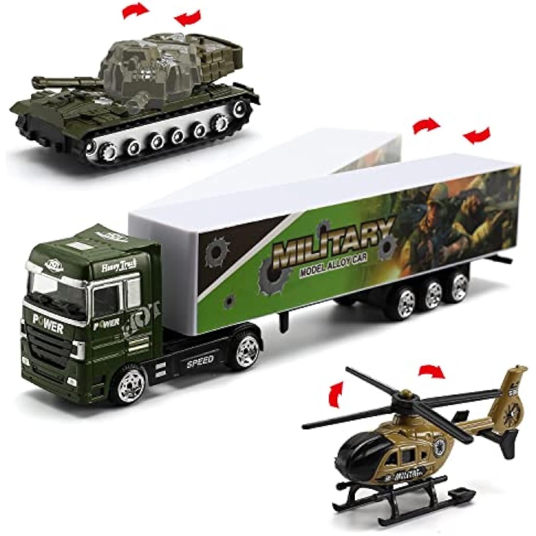 Military Carrier Truck (26 in 1) with Soldier Men playset, Mini Die-cast Battle Car in Transport Truck, Army Toy Double Side Vehicle for Kid Children Girl Boy Play Birthday Party Gift