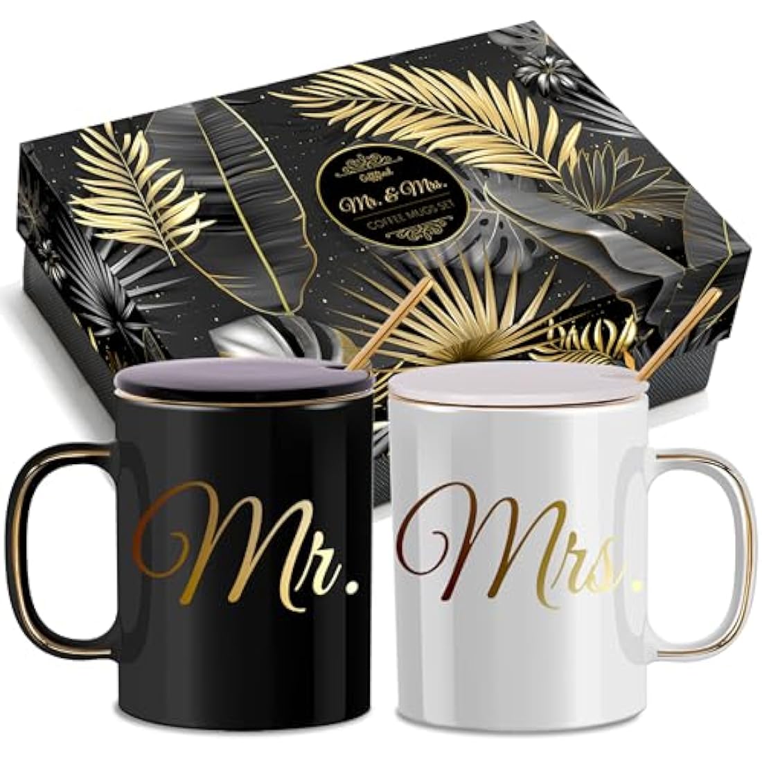 Triple Gifffted Mr and Mrs Couples Gifts for Wedding Anniversary, Engagement, Christmas, Valentines, Him Her, His Hers Newlywed Mugs, Bride Groom, Couple Gift, Lids, Ceramic Cup, 380 ML