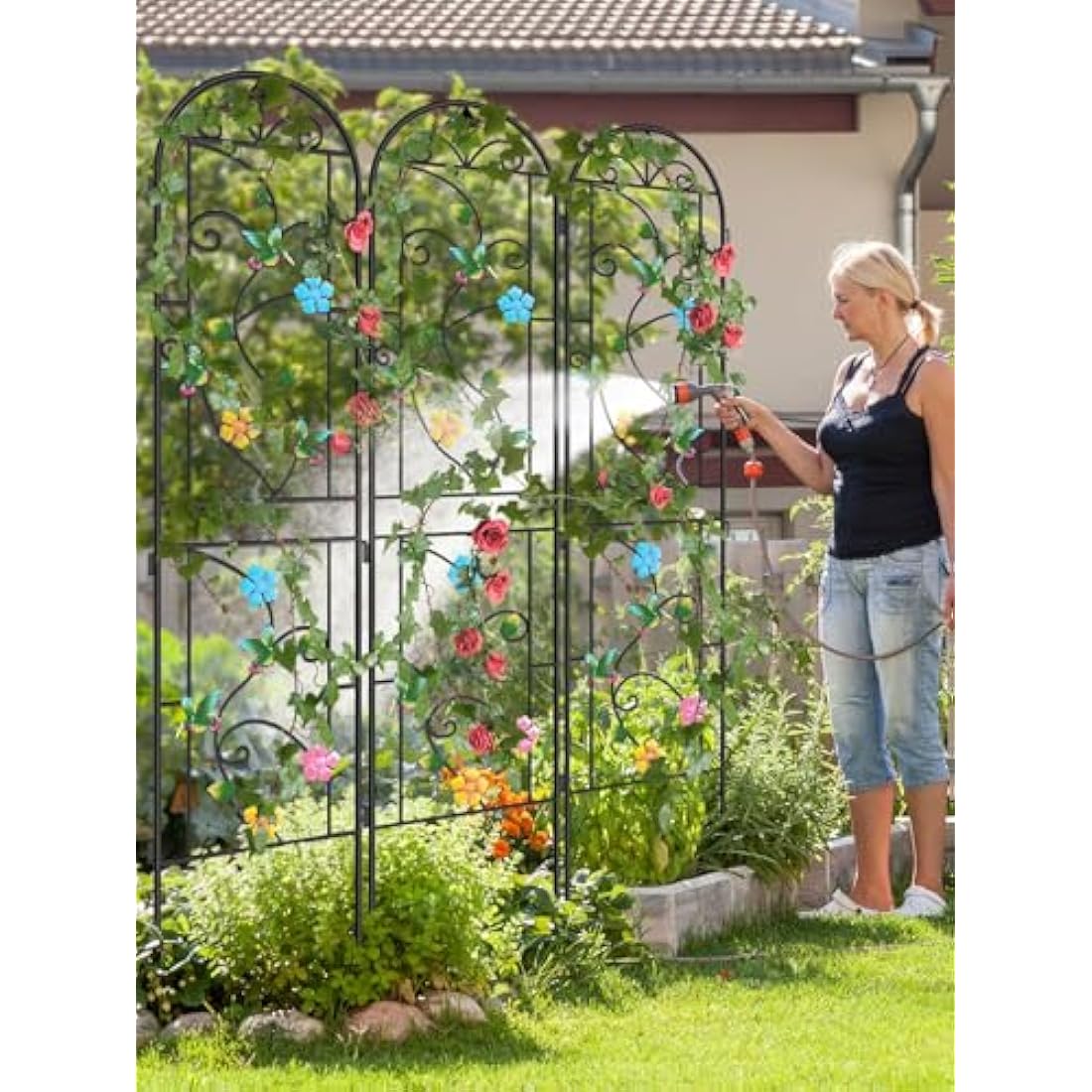 2.2 M Garden Trellis for Climbing Plants, Kalolary 4 Pack Colorful Hummingbird Garden Climbing Trellises Frame Rustproof Metal Potted Plant Climbing Support for Backyard Outdoor Flower Vegetable Vines