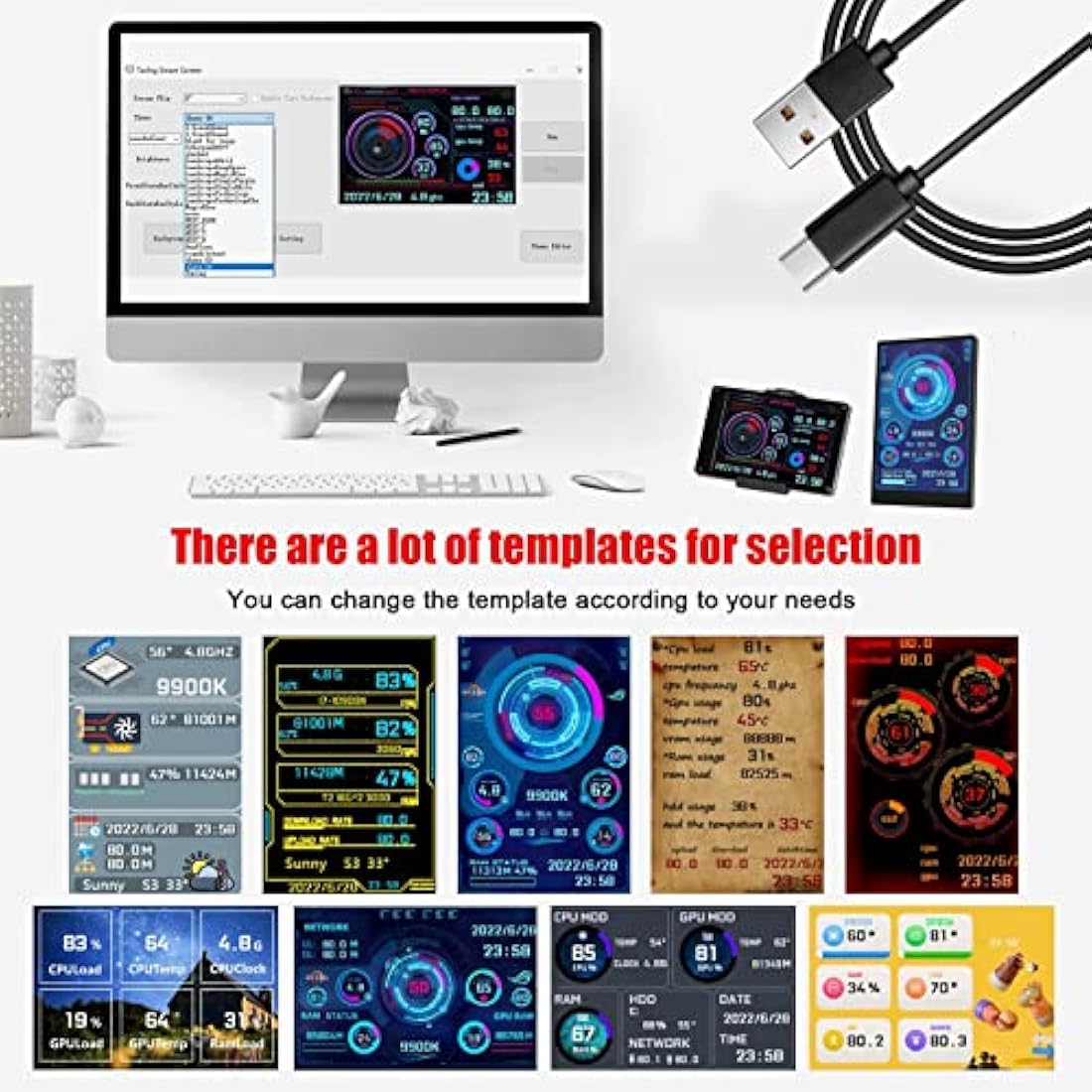 Goshyda PC CPU Data Monitor, 5in IPS USB Mini Screen Computer Sensor Panel Display Temperature Monitor for AIDA64 PC CPU RAM Data Monitor, Only Support for Windows System
