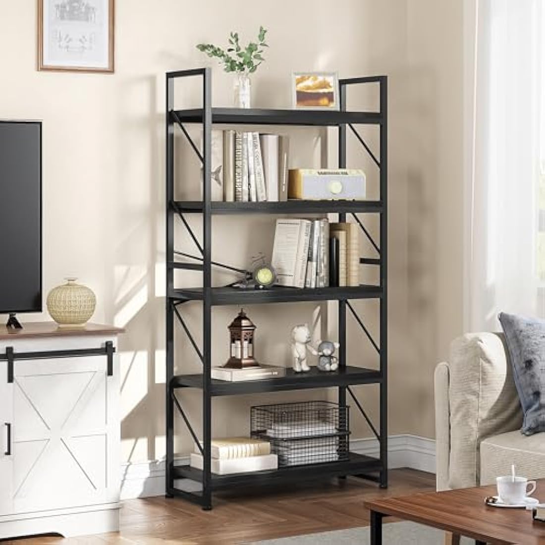 YITAHOME Bookcase 5 Tiers, Industrial Book Shelf Large Floorstanding Book case Wooden Shelf and Metal Frame Shelving Unit Display Storage Rack for Living Room, Home Office, Black Bookshelf