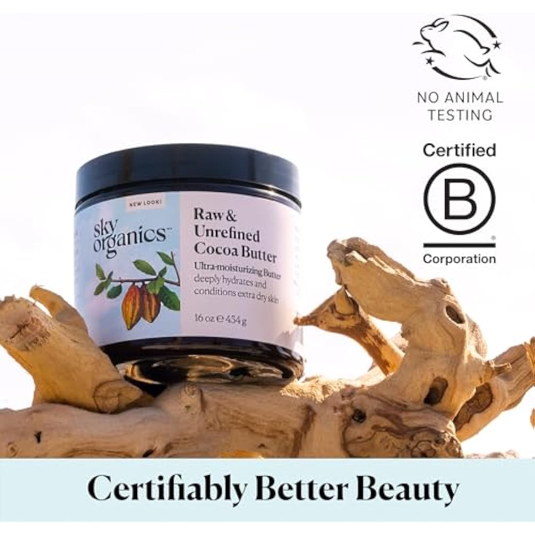 Sky Organics Cocoa Butter for Body, 100% Raw & Unrefined Ultra-Moisturizing Butter to Deeply Hydrate & Condition Skin, Promotes Smooth Skin Tone & Texture, Suitable for Tight or Extra Dry Skin, 454g