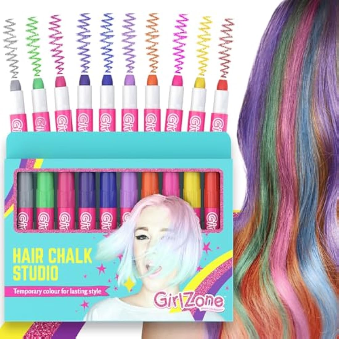 GirlZone Hair Chalks Set, 10-Piece Temporary Chalk Pens Kit, Easy to Apply and Remove Girls Hair Colour for Kids Dress Up Parties and Role Play, Gift-Ready Kids Hair Dye and Toys for Girls