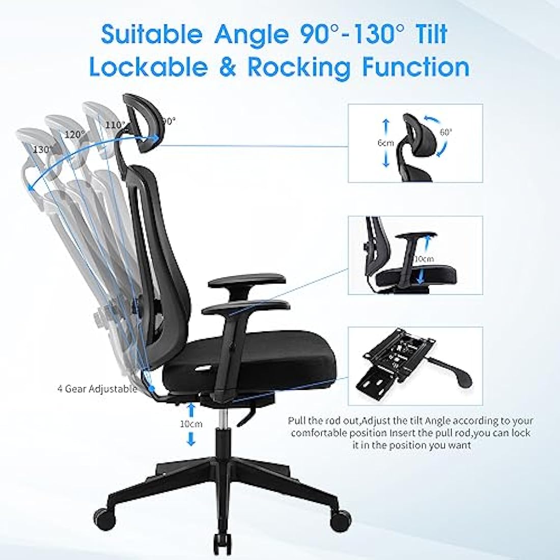 Magic Life Ergonomic Office Chair, Adjustable Home Desk Chair,Adjustable Lumbar Support with Thickened Cushion,3D Headrest & Comfortable Armrest Computer Chair