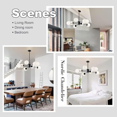 KCO Lighting Black Sputnik Chandeliers Ceiling Mount 8-Light Glass Ball Sputnik Chandelier Mid Century Modern Chandelier Light Fixture Kitchen Island Sputnik (Black+White)