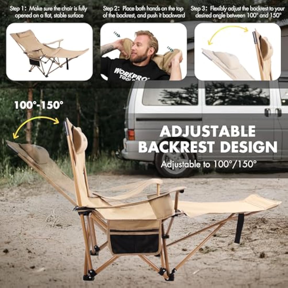 VILLEY Reclining Camping Chair with Removable Footrest, 2 in 1 Portable Adjustable Recliner Camp Chair, Headrest & Storage Bag, Supports Up to 150 kg