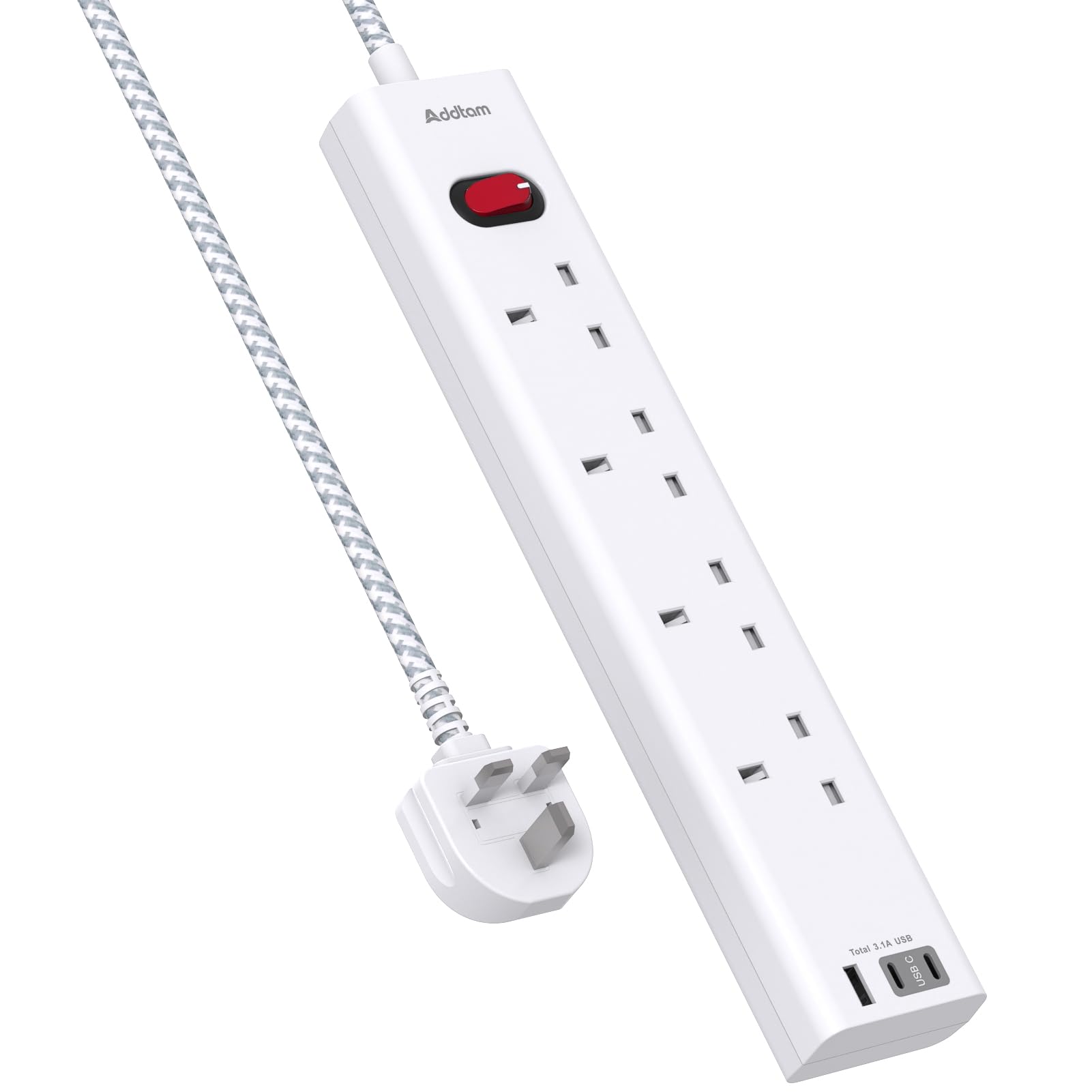 Extension Lead with 3 USB Slots(2 USB C), 4 Way Plug Extension Socket, 5M Wall Mount Socket Extension Cable, Multiplug Power Strip for Home, Office,