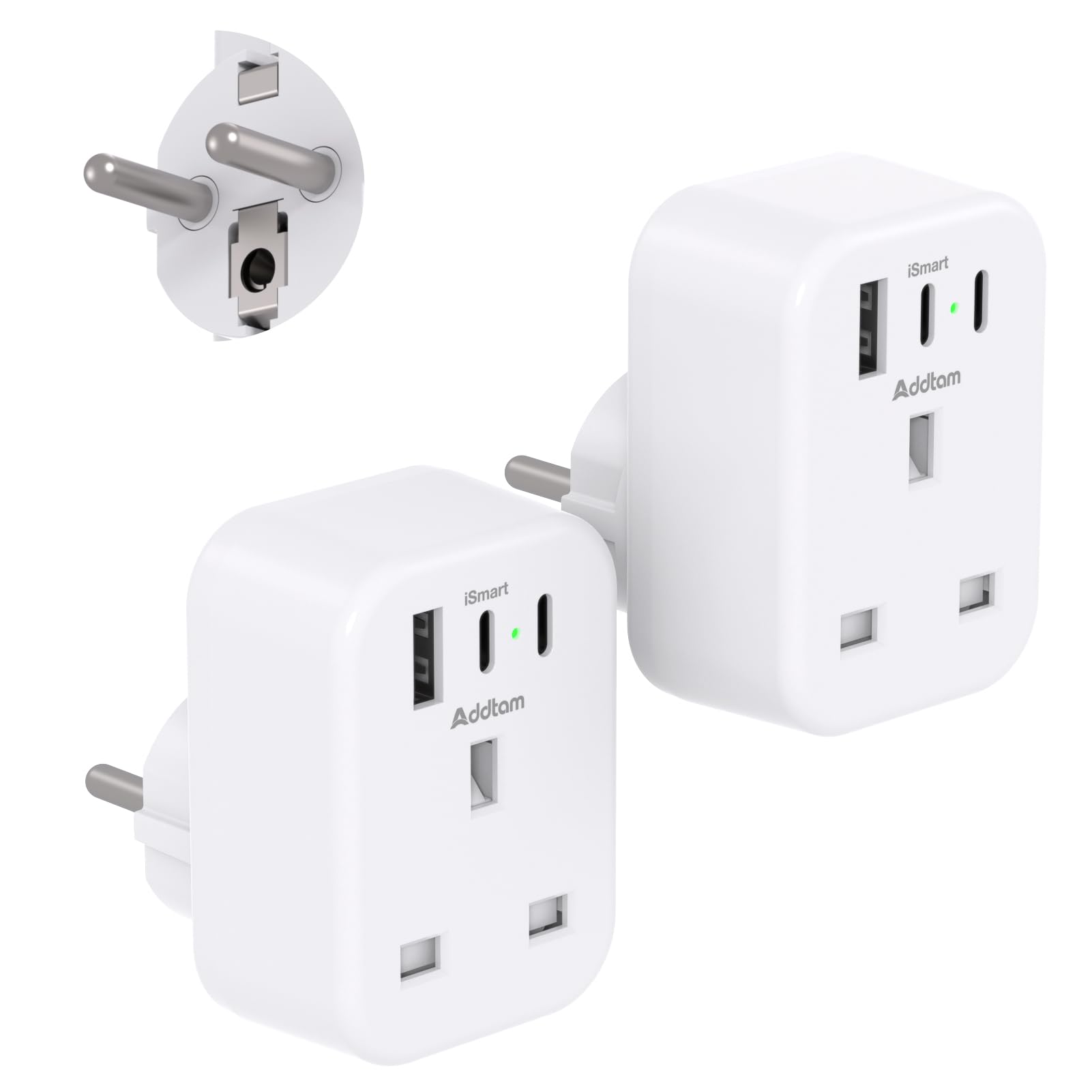 [2 Pack] UK to European Plug Adapter with 3 USB Ports(2 USB C), EU Schuko Travel Adaptor for Germany France Spain Turkey Russia Iceland Greece Poland