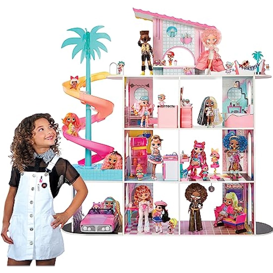 L.O.L. Surprise OMG Fashion House Playset with 85+ Surprises - Real Wood Doll House with Pool, Spiral Slide, Rooftop Patio, Cinema, Transforming Furniture, and more - Great for Kids Ages 4+