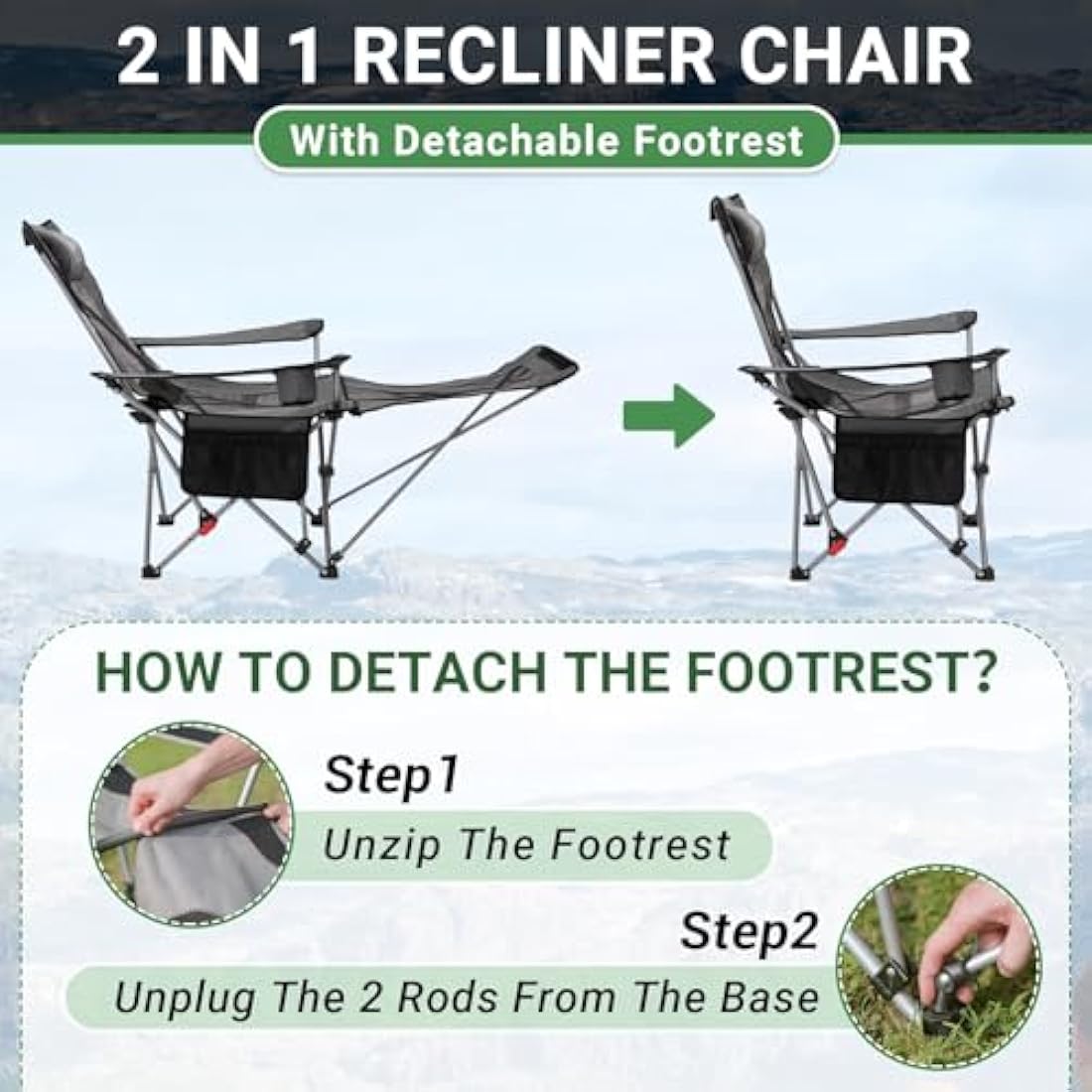 #WEJOY Camping Chairs Folding Recliner Chair Adjustable with Detachable Footrest Headrest Cup Holder Portable Reclining Camp Chair Fold Up Chair for Outdoor Beach Garden,Grey black Set of 2