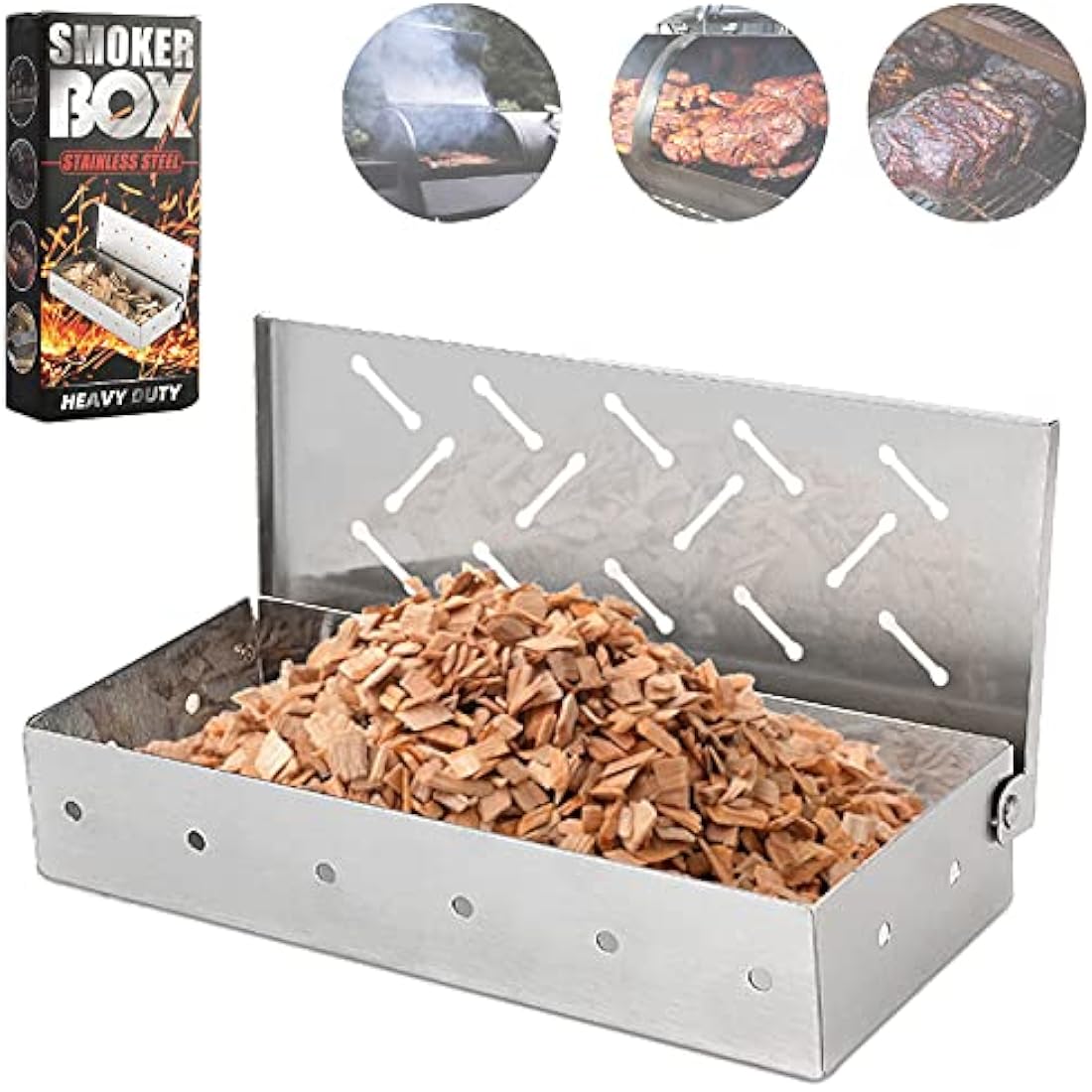 Smoker Box for BBQ Grill Wood Chips -Smoker Grill Accessories - Charcoal & Gas Barbecue Meat Smoking with Hinged Lid - Best Grilling Accessories & Utensils Gift for Dad