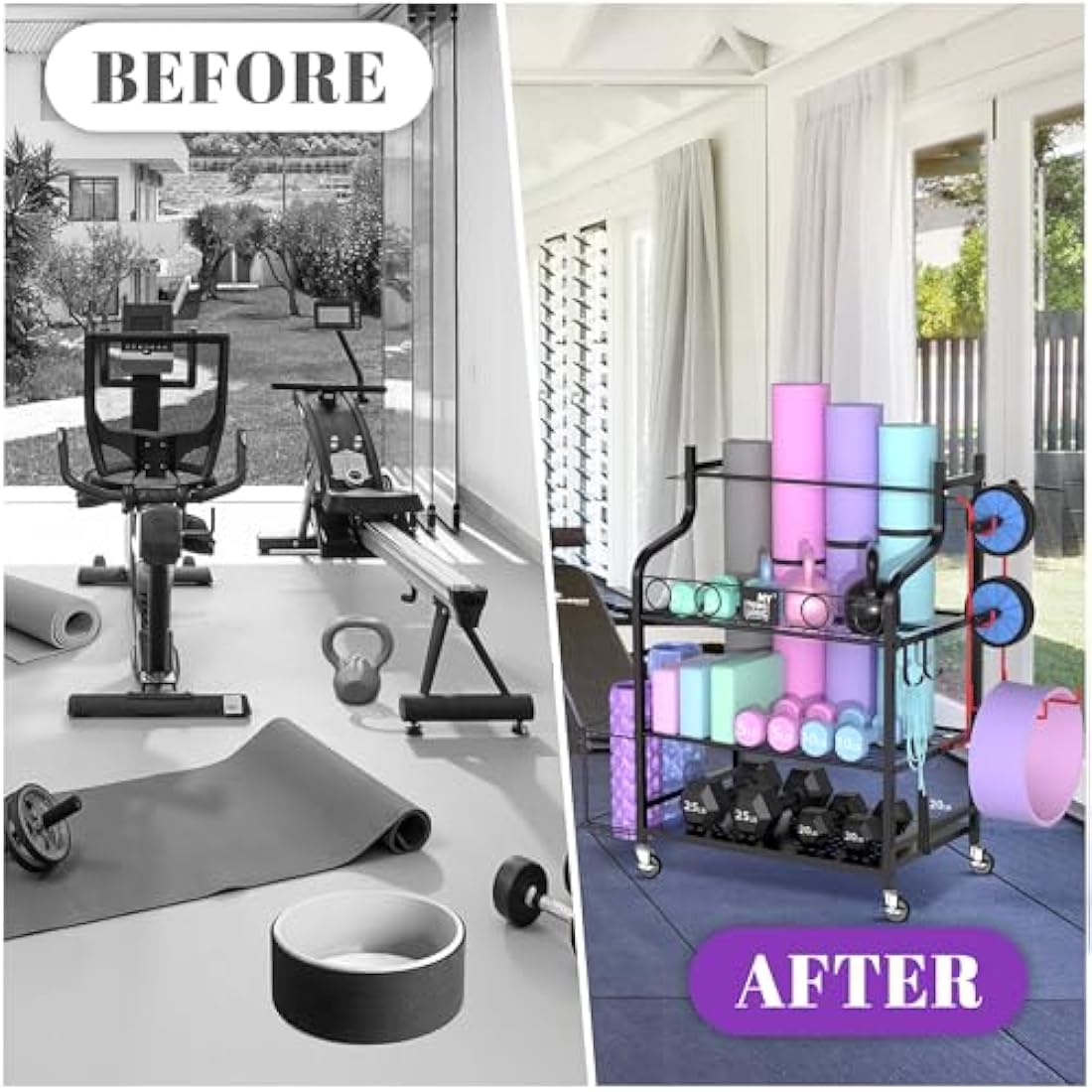 Mythinglogic Dumbbell rack-Yoga Mat weight rack-Home Gym Storage Rack for Dumbbells Kettlebells, Foam Roller, Yoga Strap, Resistance Bands - Workout Equipment Storage Organizer with Hooks and Wheels